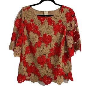 Chicos Size 0 Womens Small S Top Red Tan Crochet Lined Floral